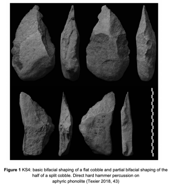 Figure 1 KS4: basic shaping of a flat cobble and partial bifacial shaping of the half of a split cobble. Direct hard hammer percussion on aphyric phonolite (Texier 2018, 43)